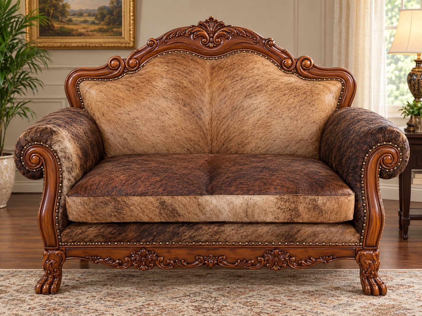 Acosta Upholstery's handcrafted cowhide loveseat